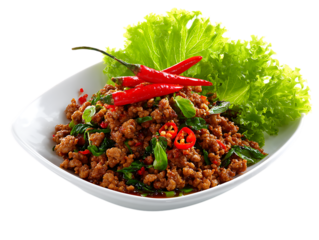 Dish of pad kra pao moo isolated on transparent background, a thai stir fry
