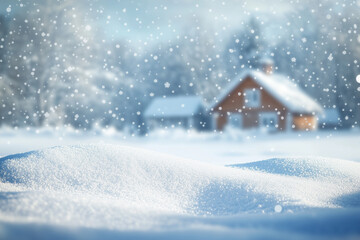 Serene Winter Landscape with Falling Snowflakes and Blurred Snowy House, Blank Space for Text/Product Display