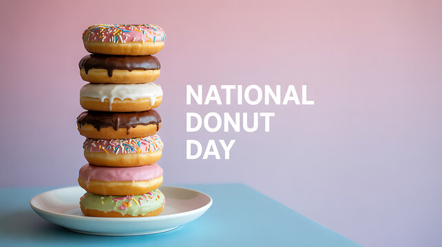 A stack of colorful glazed donuts on a plate celebrating National Donut Day