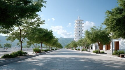 White Pagoda Temple Surrounded by Lush Green Trees Under Clear Blue Sky in Cinematic HDR Architectural Landscape