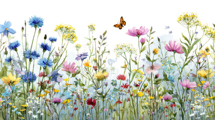 Vibrant wildflower meadow with delicate blooms isolated on transparent background