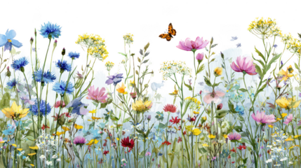 Vibrant wildflower meadow with delicate blooms isolated on transparent background