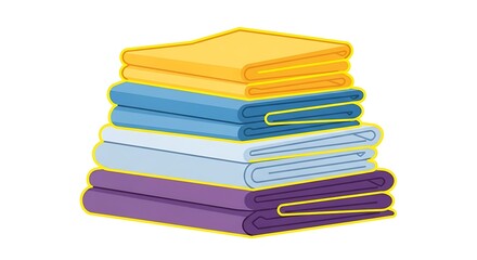 Neatly stacked colorful folded towels in yellow, blue, light blue, and purple hues, perfect for home organization, spa, or cleaning concepts