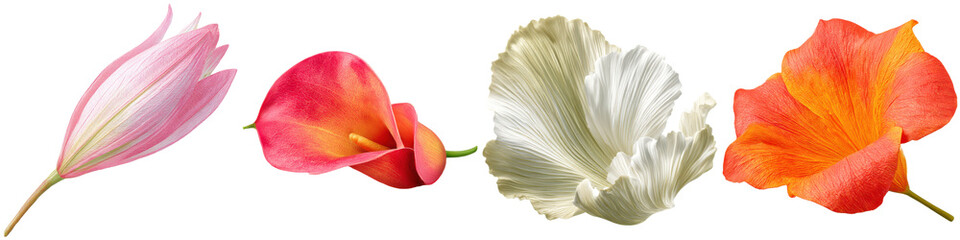 Colorful collection of four blossoms isolated against a black background, floral diversity on transparent background