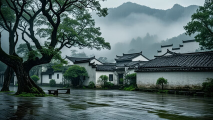 Fototapeta premium Ink Wash Painting Style Tourism Background of a Jiangnan Water Town After Rain