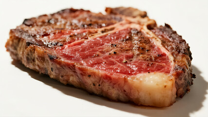 An ultra-clean, perfectly isolated shot of a beautifully cooked ribeye steak on a pure white background