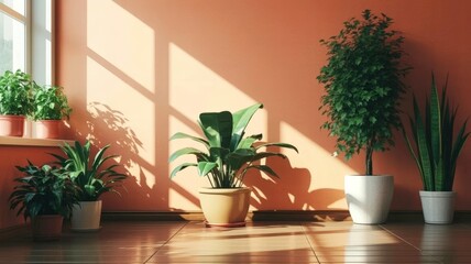 bright indoor space featuring green potted plant against vibrant orange wall, with natural light streaming in through large windows, creating warm and inviting atmosphere