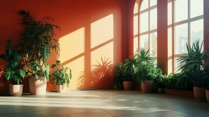 Fototapeta premium An inviting interior with vibrant orange wall, plants, and natural light.