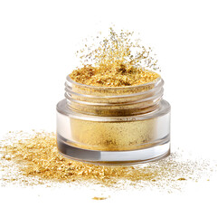 Jar of gold powder isolated on transparent background, cosmetic or craft material