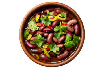 Egypt Ful medames fava bean stew with garlic, oil, lemon and cilantro in wooden bowl, top view, isolated on white transparent background, concept of Arabic healthy vegan food