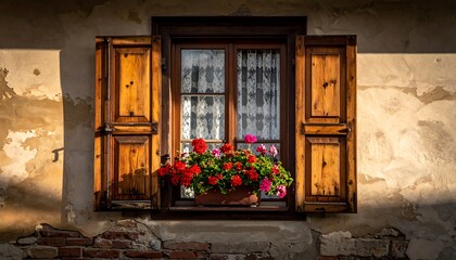 Sunlit window with wooden shutters and vibrant red flowers in a rustic setting