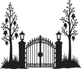Black silhouette ornate gate with trees and lamps white 1