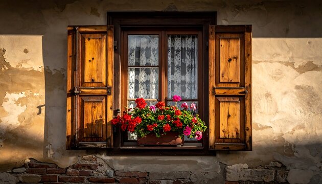 Sunlit window with wooden shutters and vibrant red flowers in a rustic setting