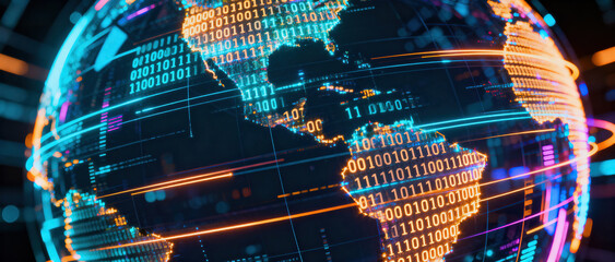 A digital globe adorned with binary code illustrates global data connectivity and modern technological integration.