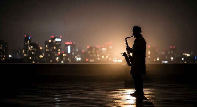 Silhouette of Saxophonist on Rooftop at Night, City Lights - Powered by Adobe
