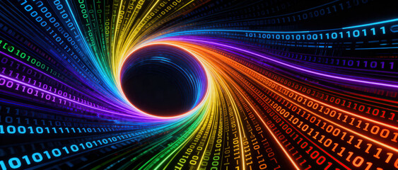 A vibrant image showing a tunnel of colorful binary code representing data flow and advanced technology.