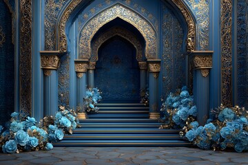 Ornate blue and gold archway with floral accents image