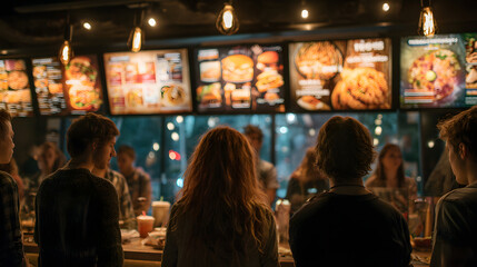 Patrons line up at a bustling food counter in an urban cinema, surrounded by glowing menu displays while waiting to order snacks and beverages before the movie
