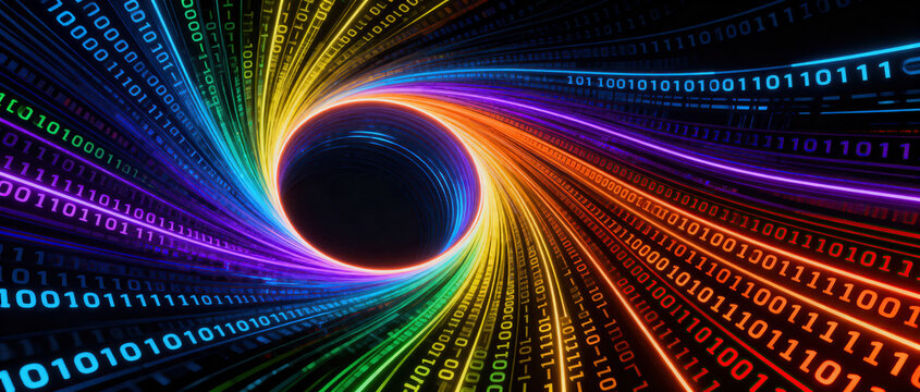 A vibrant image showing a tunnel of colorful binary code representing data flow and advanced technology.