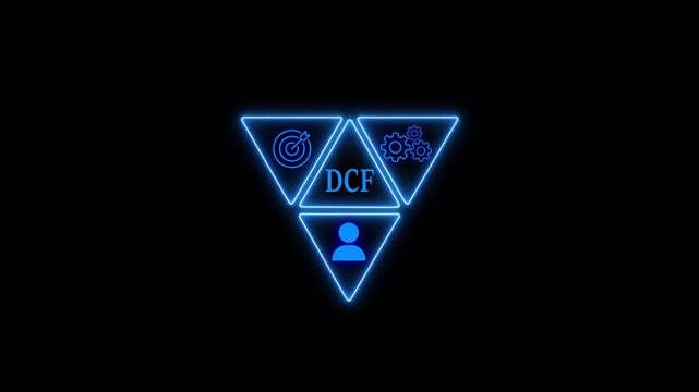 A glowing neon dcf icon on a black background symbolizes discounted cash flow, a valuation method used to estimate the attractiveness of an investment opportunity or business