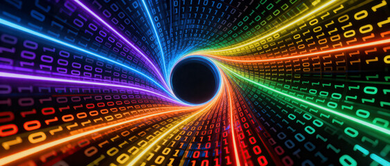 A vibrant abstract digital tunnel with colorful binary code and a circular center, representing modern technology and data flow.