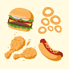 Assorted fast food items including burger hot dog fried chicken and onion rings arranged in stylized layout representing casual dining comfort food and modern snack culture