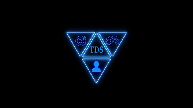 A glowing neon tds icon on a black background symbolizes tax deducted at source, a mechanism for collecting income tax in india, where tax is deducted at the source of income
