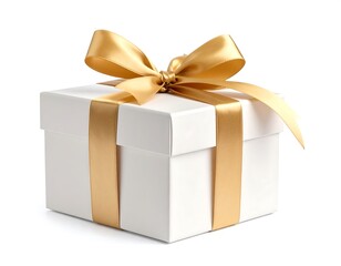 Obraz premium A pristine white gift box adorned with a luxurious gold ribbon, perfectly tied in a bow