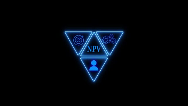 The npv acronym is displayed in blue neon lights, with a target, gears, and a person icon surrounding it, all set against a black background, creating a modern and technological feel