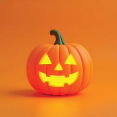 Obraz premium 3D Mini Cute Icon of a Glowing Jack-o’-Lantern Pumpkin in Bright Orange with Yellow Light Inside on a Plain Background for Halloween Digital Use