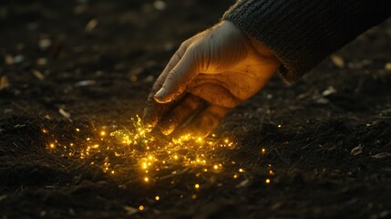 Hand planting glowing seedling