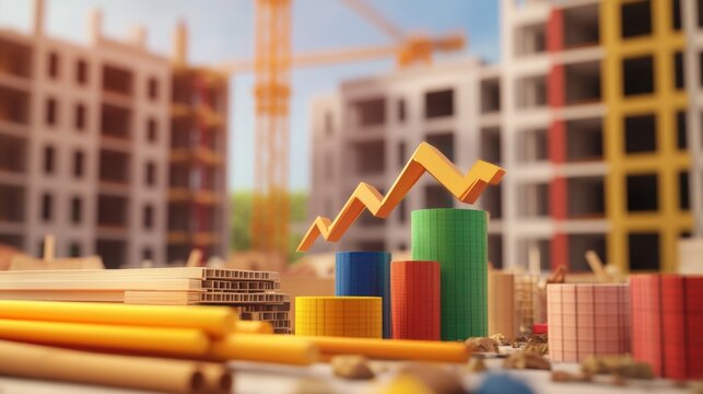 Construction site with colorful graphs showcasing growth in a developing urban area during daylight hours