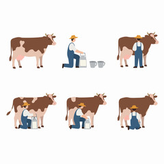 Illustrations of a farmer milking cows and handling milk, depicting traditional dairy farming practices and the process of fresh milk collection.