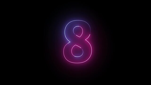 Neon number eight 8 animation on transparent background alpha channel loop	