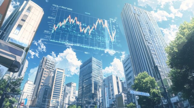 Skyline with financial data overlay in a bustling urban environment during a clear day