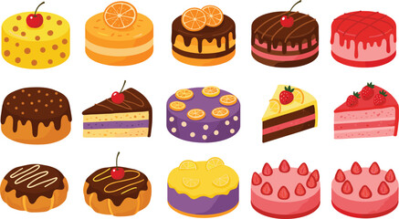 Colorful assorted cakes and desserts, chocolate cakes, fruit cakes, layered pastries, sweet bakery collection, delicious cartoon dessert icons, vector illustration design