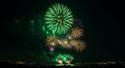 Green Fireworks Display in Night Sky for 14th of August.celleberation