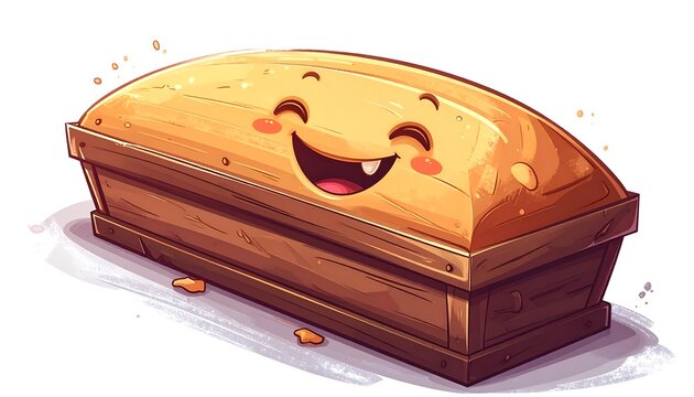 A happy, cartoon loaf of bread inside a wooden coffin