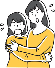 驚いていてくっつく女性2人