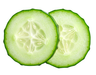 Top View of Two Fresh Cucumber Slices with Visible Seeds, Isolated on Transparent Background