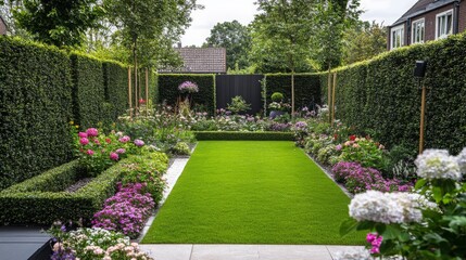 Naklejka premium Beautiful garden with vibrant flowers and manicured lawn in a residential neighborhood during summer