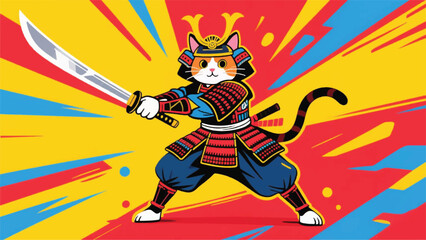 Shogun Samurai Cat Illustrator Artwork Banner Background Design Template 
