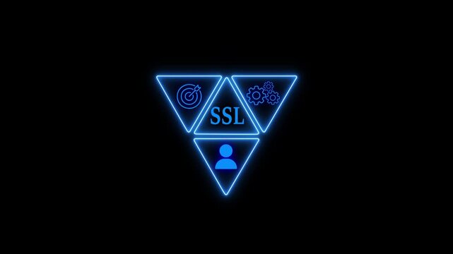 Futuristic ssl icon on black background a glowing blue triangle design featuring a secure sockets layer symbol, surrounded by data, settings, and user icons for modern technology concepts