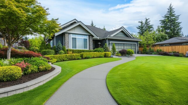 Beautiful suburban house with well-maintained lawn and vibrant landscaping on a sunny day
