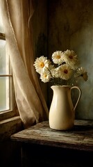 Daisies in vintage pitcher by window light on aged wooden table, still life