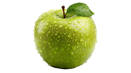 Fresh green apple isolated on transparent background with water droplets on skin