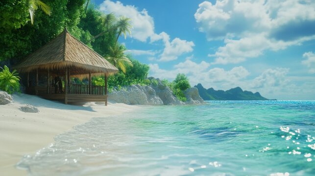 Tropical beach with a thatched hut surrounded by clear blue water and lush greenery during a sunny day