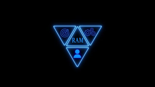 A glowing blue ram icon on a black background, featuring a stylized gear, user, and database symbol within a triangular frame, representing random access memory concepts and technology
