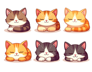 Icon set of cute cats sleeping peacefully, cartoon clipart style, isolated on transparent background.