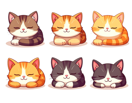 Icon set of cute cats sleeping peacefully, cartoon clipart style, isolated on transparent background. - Powered by Adobe